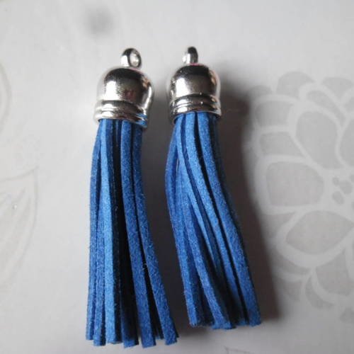 X 2 pendentifs pompons suédine bleu foncé gland plastique argenté 6 cm 