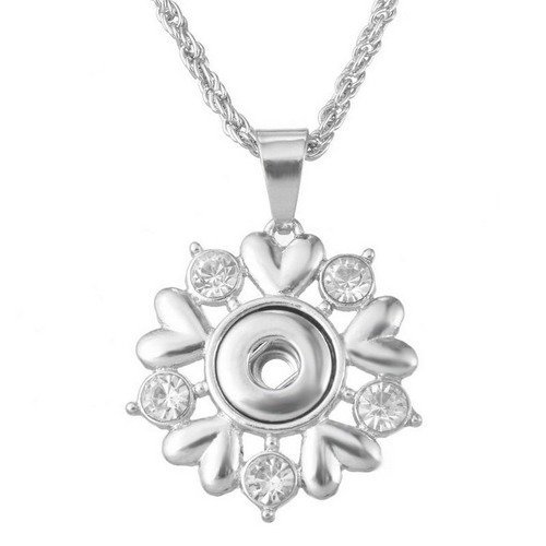 X 1 collier chaîne+pendentif fleur strass blanc pour mini bouton pression métal argenté 54 cm 