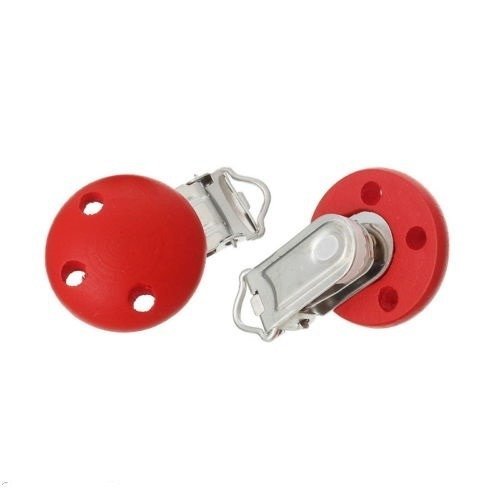 X 1 pince bretelle bois rouge ou clips attache tétine métal argenté 4,4 x 2,9 cm 