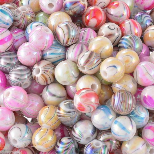 X 30 mixte perles ronde motif rayure multicolore ab acrylique 8 mm 