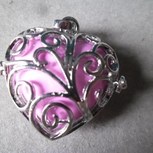 X 1 pendentif cœur+perle rose cage de bali bola musical de grossesse ou grelot mexicain argenté 3,9 x 3,2 cm+1 chaîne  métal argenté