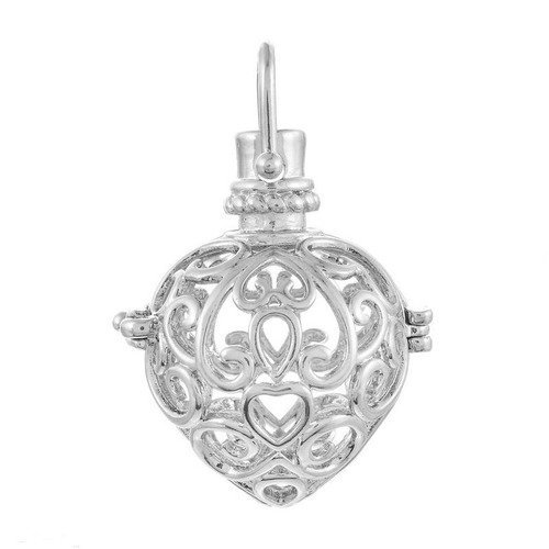 X 1 pendentif cage de bali bola mexicain motif cœur ajouré pour bille d'harmonie bébé argent mat 3,6 x 2,3 cm m