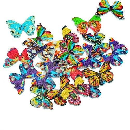 X 5 mixte boutons en bois papillons multicolore 2 trous 28 x 20,8 mm 
