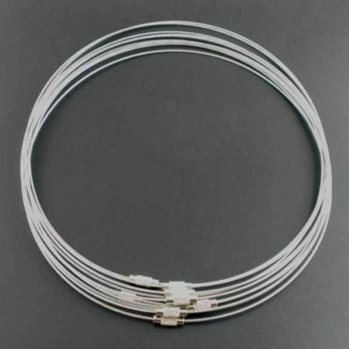 X 1 collier rigide rond  fil d'acier argenté ciselé fermoir à vis 47 cm
