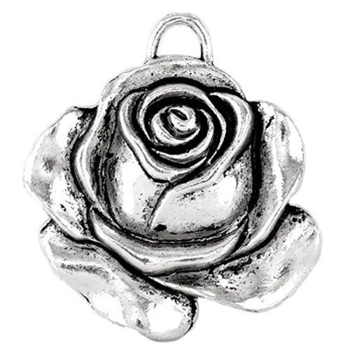 X 2 pendentifs breloque forme rose fleur argent vieilli 3,6 x 3,3 cm 