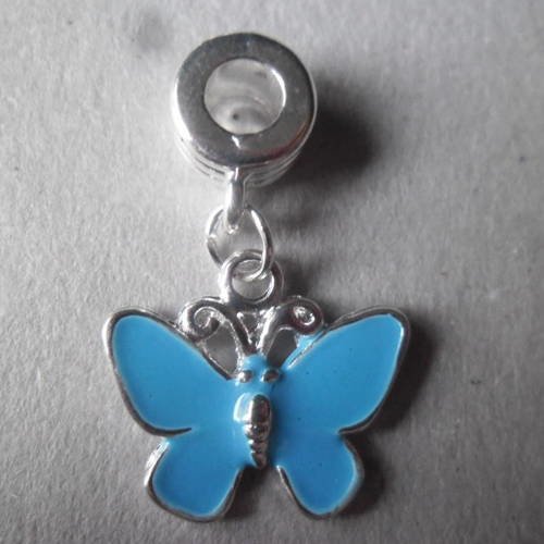 X 1 pendentif papillon émail bleu monté sur bélière argenté 30 x 19 mm 