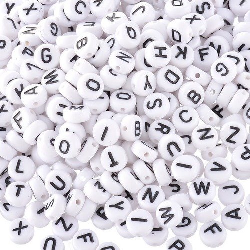 X 500 mixte perles lettres/alphabet"a-z"ronde blanc/noir acrylique 7 mm 