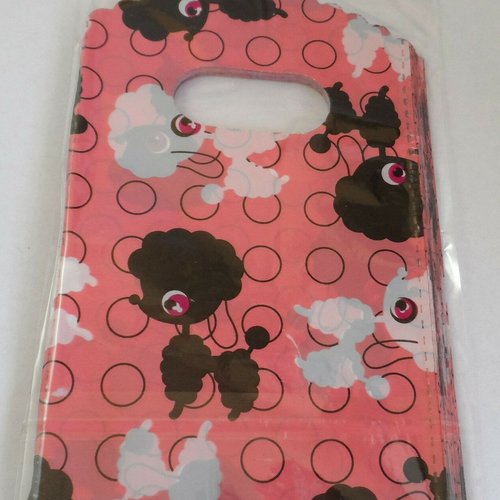  x 10 pochettes cadeaux rose à motif chien noir/blanc plastique 15 x 9 cm