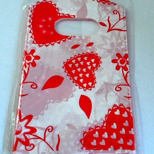 X 10 pochettes cadeaux blanc motif coeur/fleur rouge plastique 15 x 9 cm