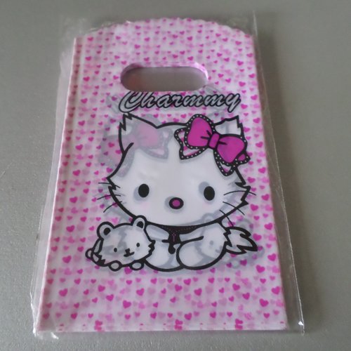 X 10 pochettes cadeaux blanc motif chat/coeur plastique 15 x 9 cm