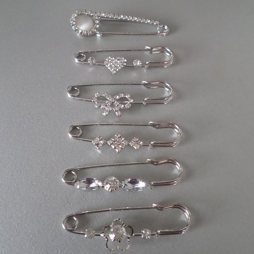 6 mixte broches/épingles à rourrice à motif strass cristal en métal argenté(a)