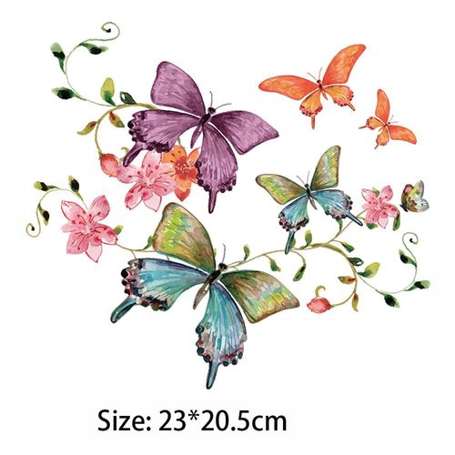 1 planche de transferts écusson-patch thermocollant motifs papillons/fleurs 23 x 20,5 cm