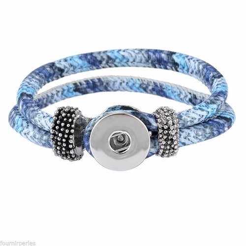 X 1 bracelet en cordon ciré dégradé de bleu pour bouton pression métal argenté 21 cm