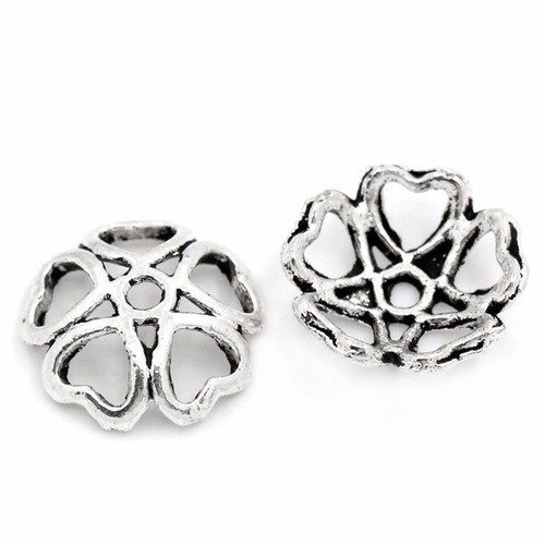 X 20 perles coupelles fleur ciselé motif coeur métal argent vieilli 10 x 10 mm