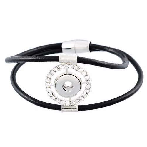 X 1 bracelet cuir noir strass blanc pour mini bouton pression fermoir aimanté métal argenté 20,5 cm