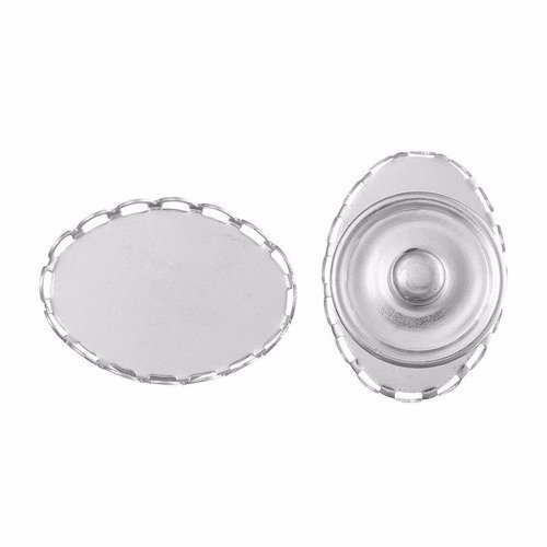 X 5 supports bouton pression chunk de forme ovale dentelé argenté pour camée/cabochon de 25 x 18 mm