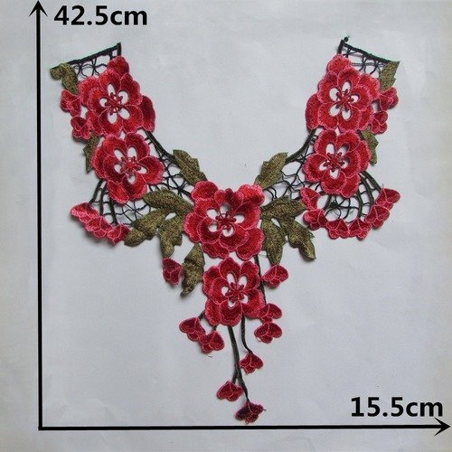 X 1 applique-guipure brodé col dentelle fine floral ton rouge à coudre 42,5 x 15,5 cm @b17