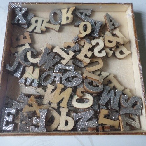 X 1 boite de 78 mixte lettres/alphabet a-z en bois pailleté argenté à coller 15 mm