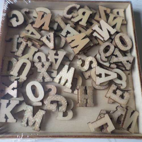 X 1 boite de 78 mixte lettres/alphabet a-z en bois pailleté doré à coller 15 mm