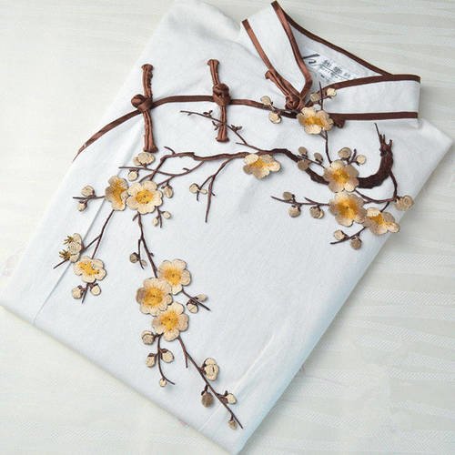 X 1 applique écusson/patch thermocollant fleur de cerisier beige/doré  40 x 14 cm @b7 