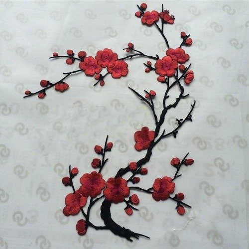 X 1 applique écusson/patch thermocollant fleurs de cerisier ton rouge 40 x 14 cm @79 