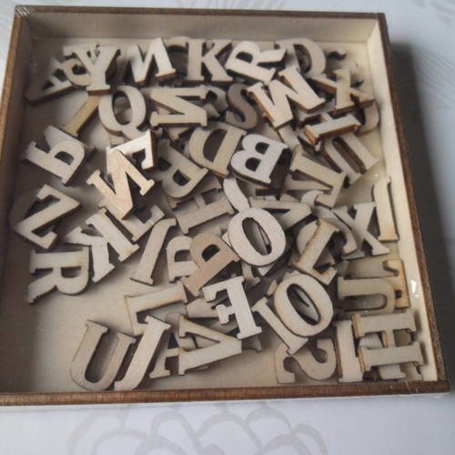 X 1 boite de 104 mixte lettres/alphabet a-z en bois naturel à coller 15 mm 