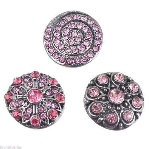 X 3 mixte boutons pression(bijoux)rond strass ton rose métal argent vieilli 20 mm 
