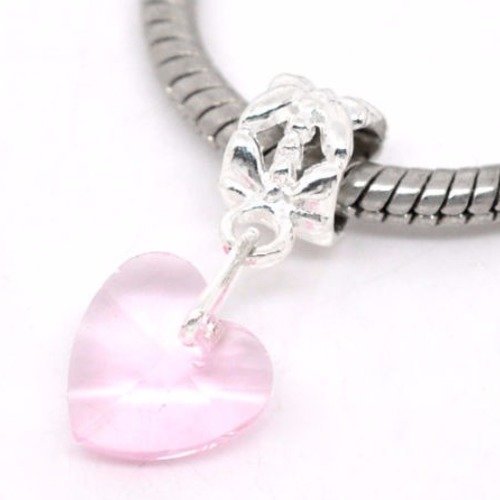 X 2 pendentifs perle coeur en verre rose argenté 24 x 10 mm 