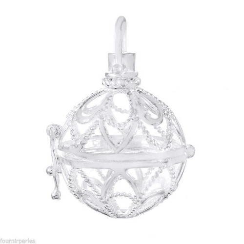 X 1 pendentif cage de bali bola mexicain motif fleur ajouré pour bille d'harmonie bébé argenté 3,8 x 2,9 cm c
