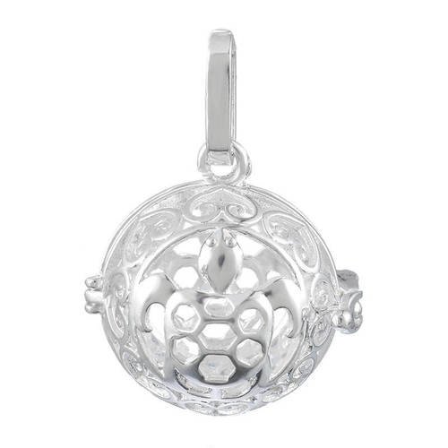 Nouveauté x 1 pendentif cage de bali bola mexicain motif tortue/coeur pour bille d'harmonie bébé argenté 3,5 x 2,5 cm