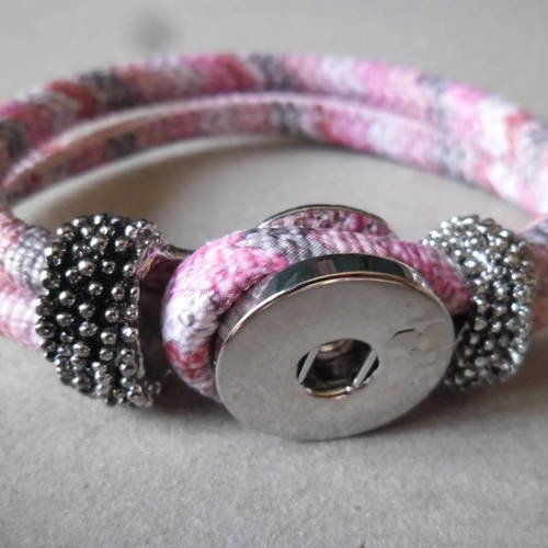 X 1 bracelet cordon ciré rayure ton rose pour bouton pression argenté  21 cm 
