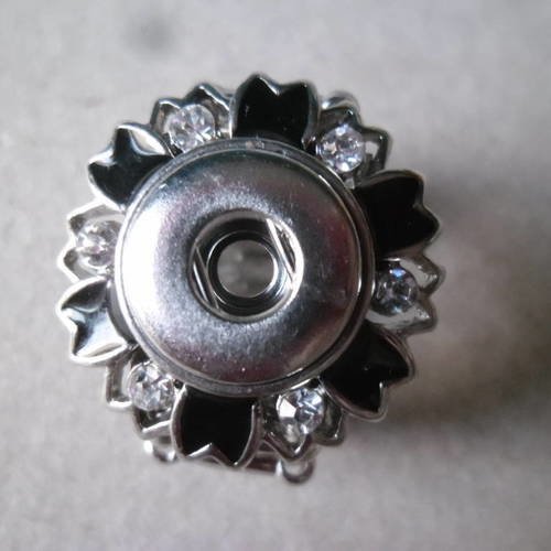 X 1 bague élastique anneau fleur strass/émail noir pour mini bouton pression argenté 17,7 c