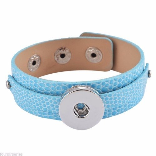 X 1 bracelet bande cuir bleu pour bouton pression argenté 21,5 cm 