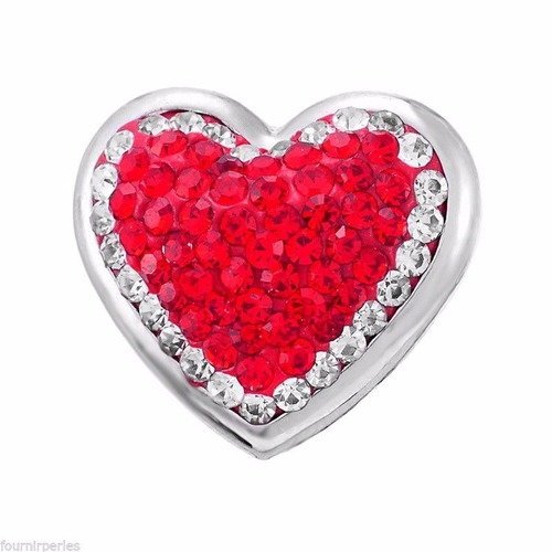 X 1 bouton pression(pour bijoux)motif coeur strass blanc,rouge argenté 23 x 21 mm 
