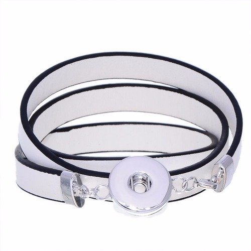 X 1 bracelet cuir blanc multi rangs pour bouton pression  argenté 60 cm 