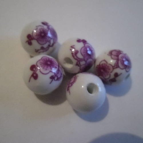 X 6 perles intercalaires ronde céramique à motif fleur ton violet 12 mm