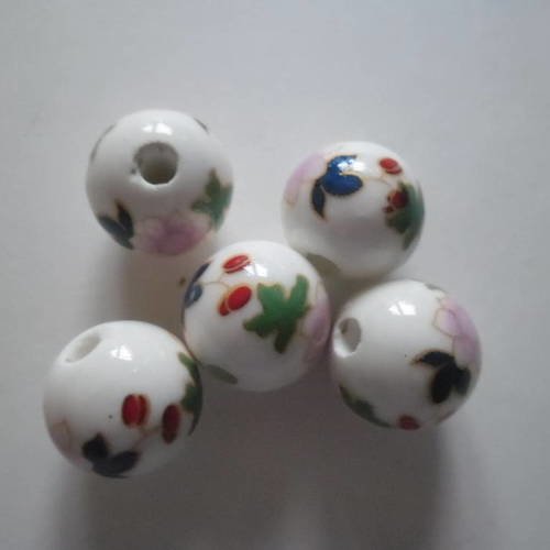 X 6 perles intercalaires ronde céramique  motif fleur multicolore 12 mm