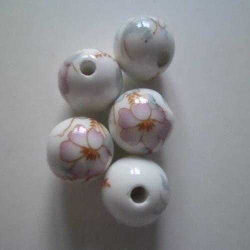 X 6 perles intercalaires ronde céramique motif fleur ton rose 12 mm