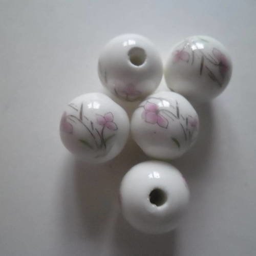 X 6 perles intercalaires ronde céramique motif fleur ton rose clair 12 mm