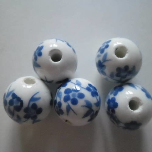 X 6 perles intercalaires ronde céramique motif fleur bleu  12 mm