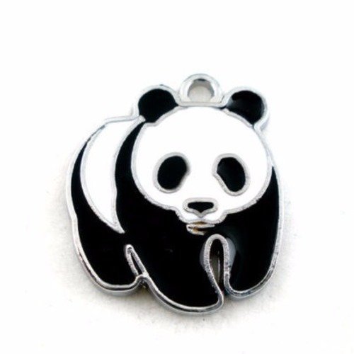 X 1 pendentif/breloque panda émail noir/blanc métal argenté 23 x 20 mm