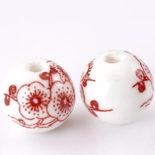 X 6 perles intercalaires ronde céramique motif fleur ton rouge 12 mm