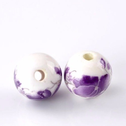 X 6 perles intercalaires  ronde céramique motif  fleur ton mauve 12 mm 