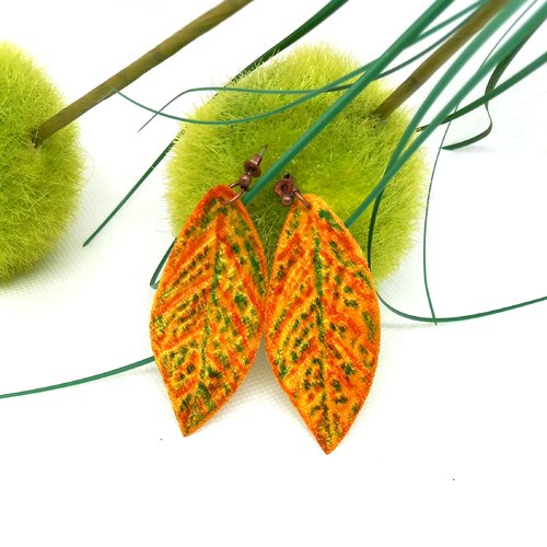 Boucles d'oreilles feuille ocre/orange/vert, boucles d'oreilles feuille en tissu velours