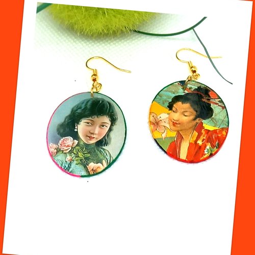 Boucles d'oreilles dépareillées asiatiques portrait de femme chinoise - boucles d'oreilles chinoiserie