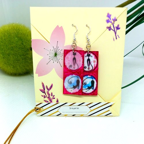Boucles d'oreilles chat cadeau prêt à offrir - boucles d'oreilles chat crochets argent