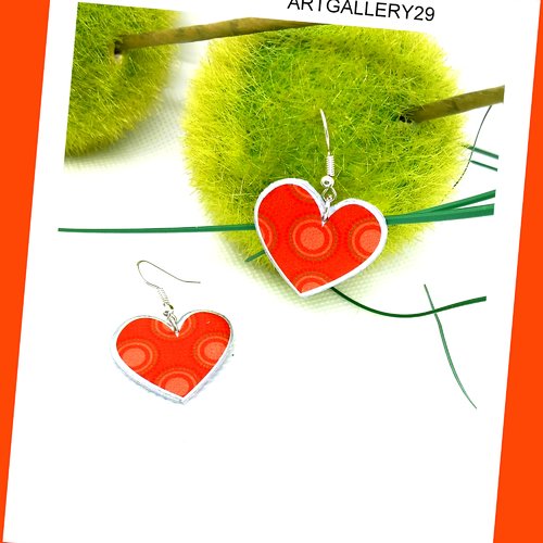 Boucles d'oreilles coeur orange art déco bijoux vintage design géométrique