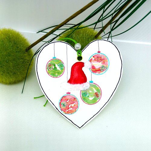Carte en forme de coeur peinture boules de noel sur papier aquarelle - carte de noel - décoration sapin