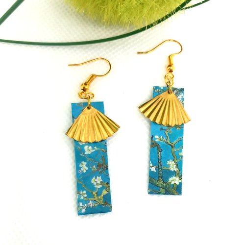 Boucles d'oreilles japonaises bleu petites fleurs - papier japonais - éventail en laiton - cadeau bijou