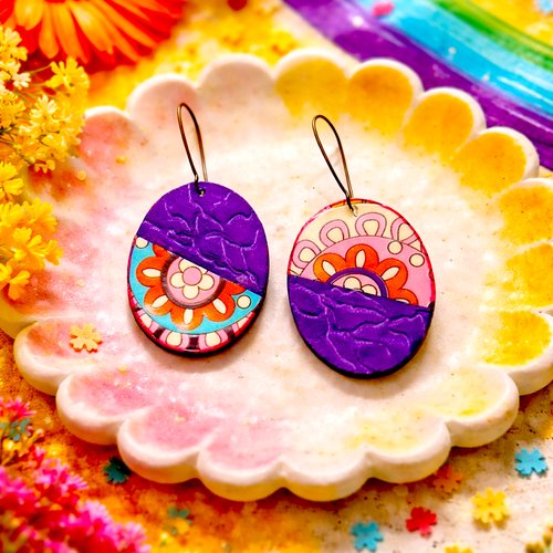 Boucles d'oreilles pendantes colorées | style indien | forme grand ovale | idée cadeau femme